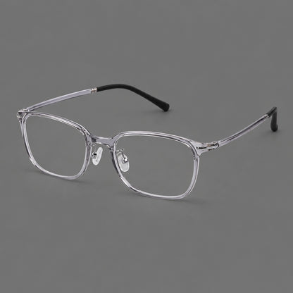 Classic square plastic eyeglasses with broad lenses and softly rounded edges in Clear Grey, three quarter view additional product view