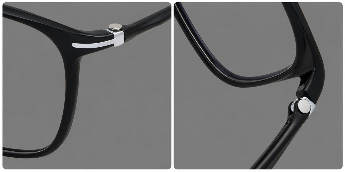 Classic square plastic eyeglasses with broad lenses and softly rounded edges, frame details