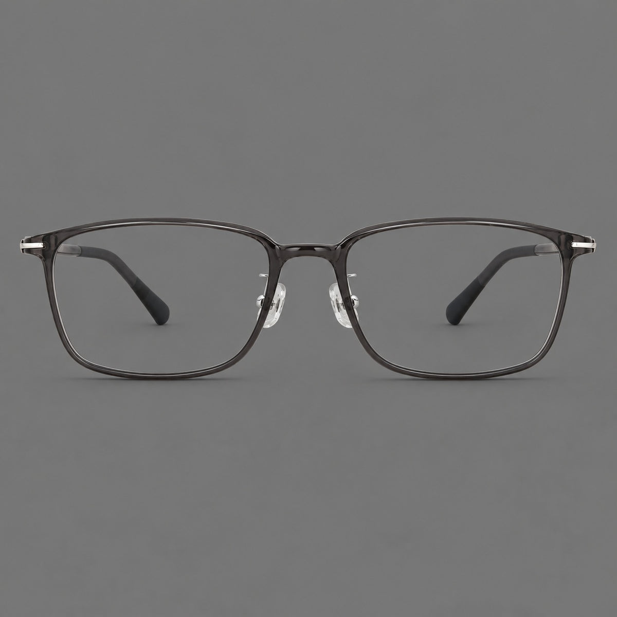 Low profile rectangular plastic eyeglasses with a straight browline and slim temples in Dark Grey, front view