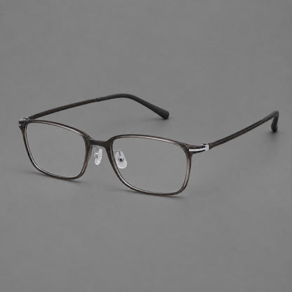 Low profile rectangular plastic eyeglasses with a straight browline and slim temples in Dark Grey, three quarter view front view