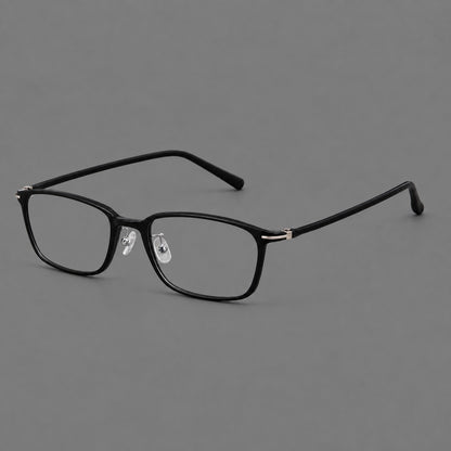 Low profile rectangular plastic eyeglasses with a straight browline and slim temples in Glossy Black, three quarter view