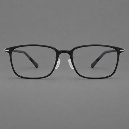 Low profile rectangular plastic eyeglasses with a straight browline and slim temples in Matte Black, front view temple detail