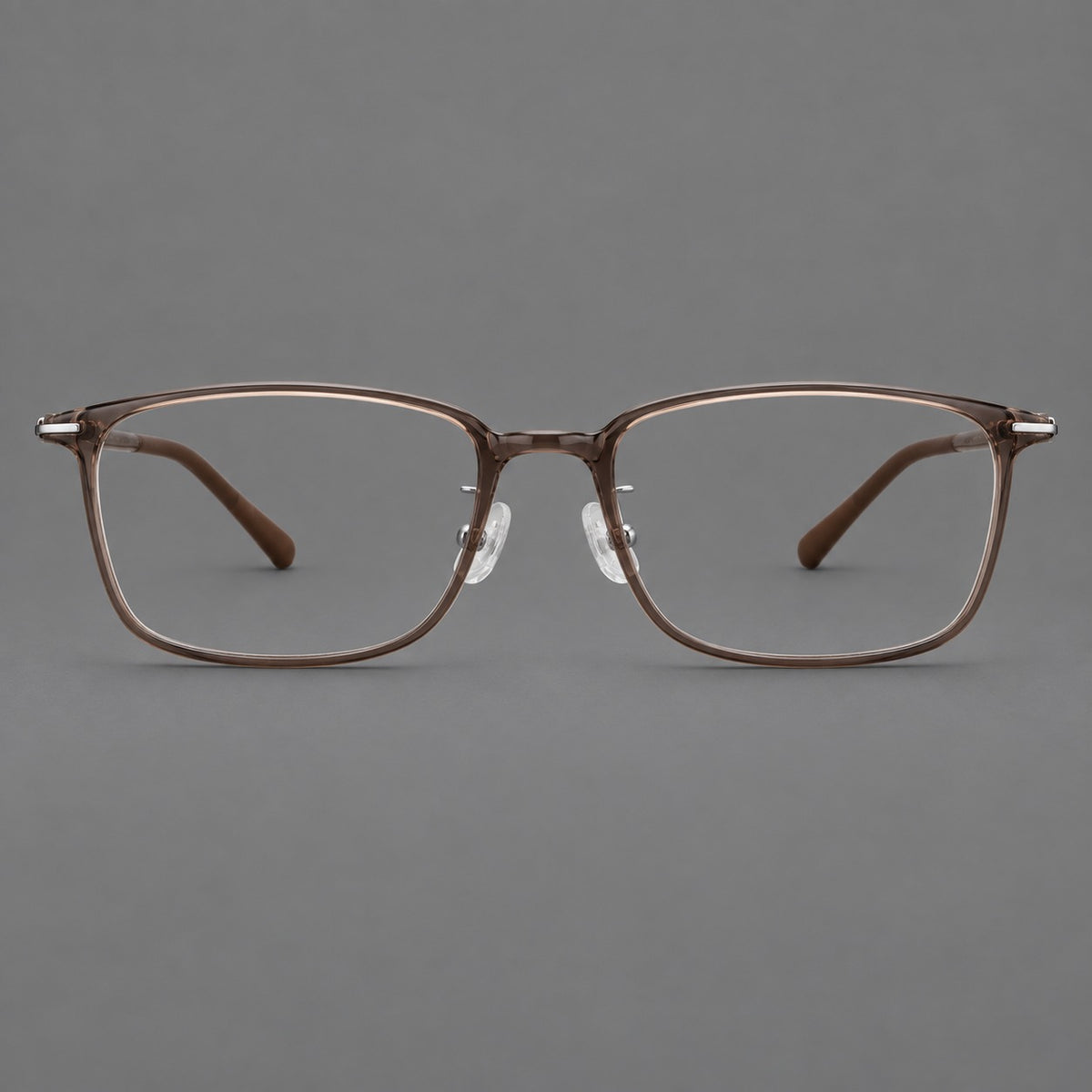 Low profile rectangular plastic eyeglasses with a straight browline and slim temples in Ink Brown, front view