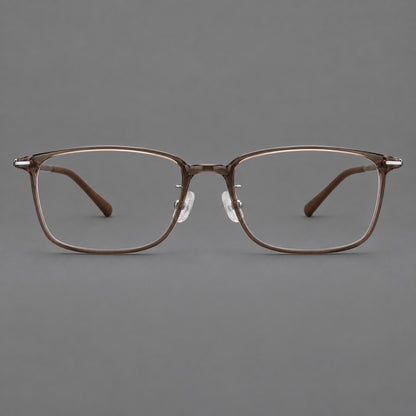 Low profile rectangular plastic eyeglasses with a straight browline and slim temples in Ink Brown, front view additional product view