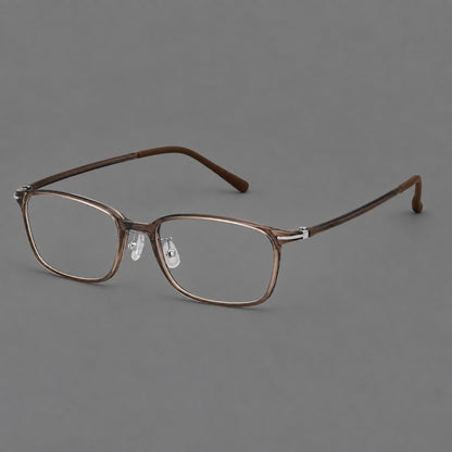 Low profile rectangular plastic eyeglasses with a straight browline and slim temples in Ink Brown, three quarter view additional product view
