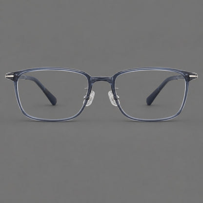 Low profile rectangular plastic eyeglasses with a straight browline and slim temples in Slate Blue, front view additional product view