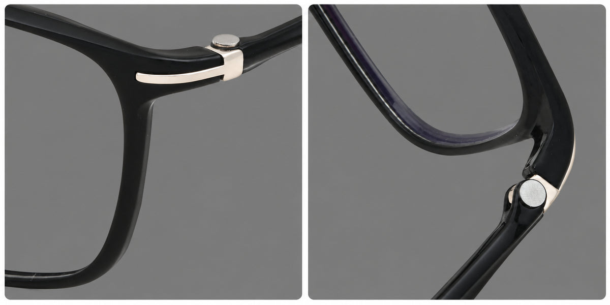 Low profile rectangular plastic eyeglasses with a straight browline and slim temples, frame details