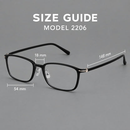 Low profile rectangular plastic eyeglasses with a straight browline and slim temples, size guide in millimetres additional product view