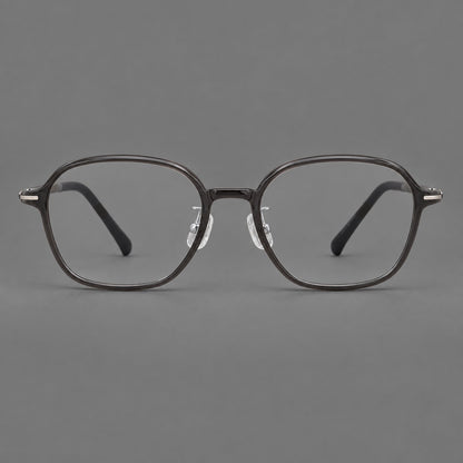 Rounded geometric plastic eyeglasses with softly angled rims and a curved bridge in Dark Grey, front view frame detail