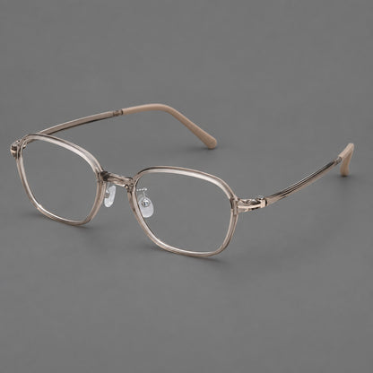 Rounded geometric plastic eyeglasses with softly angled rims and a curved bridge in Twilight Grey Tea, three quarter view additional product view