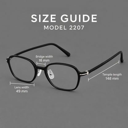 Rounded geometric plastic eyeglasses with softly angled rims and a curved bridge, size guide in millimetres additional product view