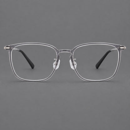 Bold square plastic eyeglasses with a defined browline and an open bridge in Clear Grey, front view frame detail