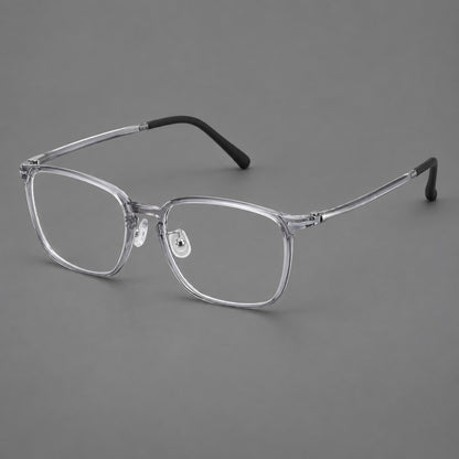 Bold square plastic eyeglasses with a defined browline and an open bridge in Clear Grey, three quarter view front view