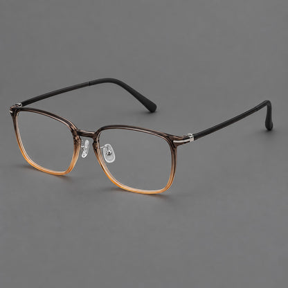 Bold square plastic eyeglasses with a defined browline and an open bridge in Grey Tea Gradient, three quarter view lens detail