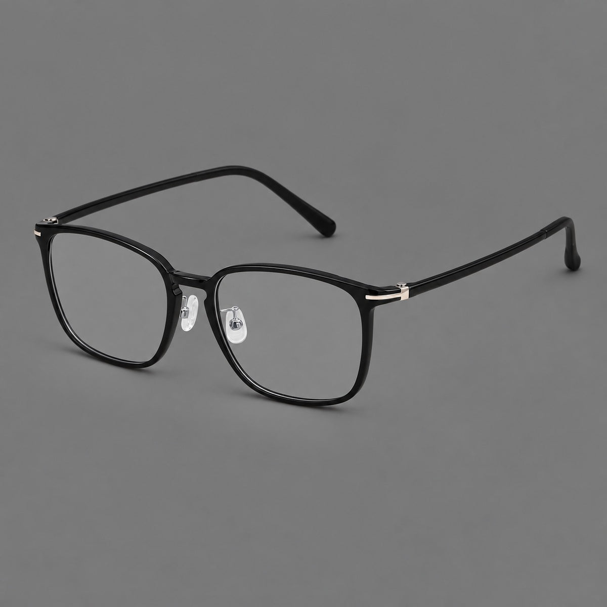 Bold square plastic eyeglasses with a defined browline and an open bridge in Glossy Black, three quarter view