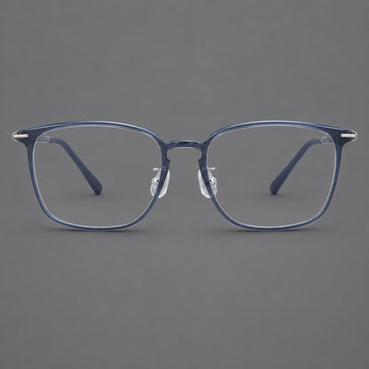 Bold square plastic eyeglasses with a defined browline and an open bridge in Slate Blue, front view additional product view