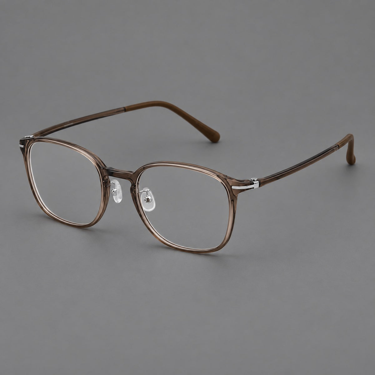 Vintage soft square plastic eyeglasses with deep lenses and a gently arched bridge in Ink Brown, three quarter view