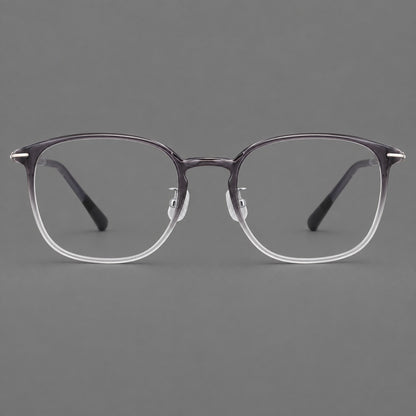 Vintage soft square plastic eyeglasses with deep lenses and a gently arched bridge in Ink Grey Gradient, front view temple detail