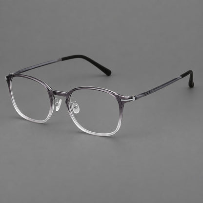 Vintage soft square plastic eyeglasses with deep lenses and a gently arched bridge in Ink Grey Gradient, three quarter view lens detail