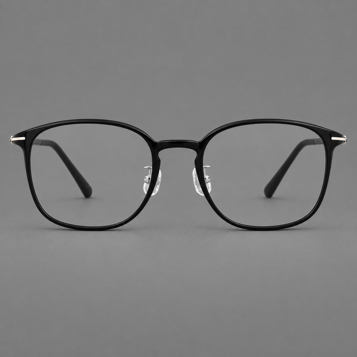 Vintage soft square plastic eyeglasses with deep lenses and a gently arched bridge in Glossy Black, front view