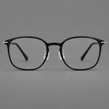 Vintage soft square plastic eyeglasses with deep lenses and a gently arched bridge in Glossy Black, front view side view