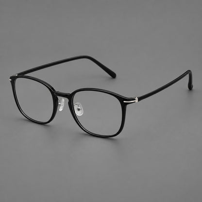 Vintage soft square plastic eyeglasses with deep lenses and a gently arched bridge in Glossy Black, three quarter view