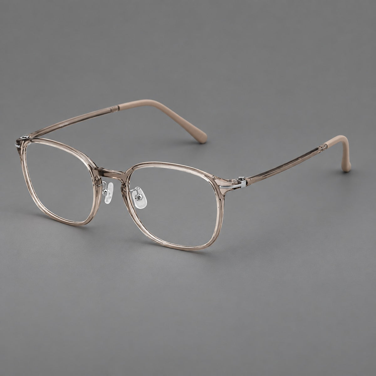 Vintage soft square plastic eyeglasses with deep lenses and a gently arched bridge in Twilight Grey Tea, three quarter view