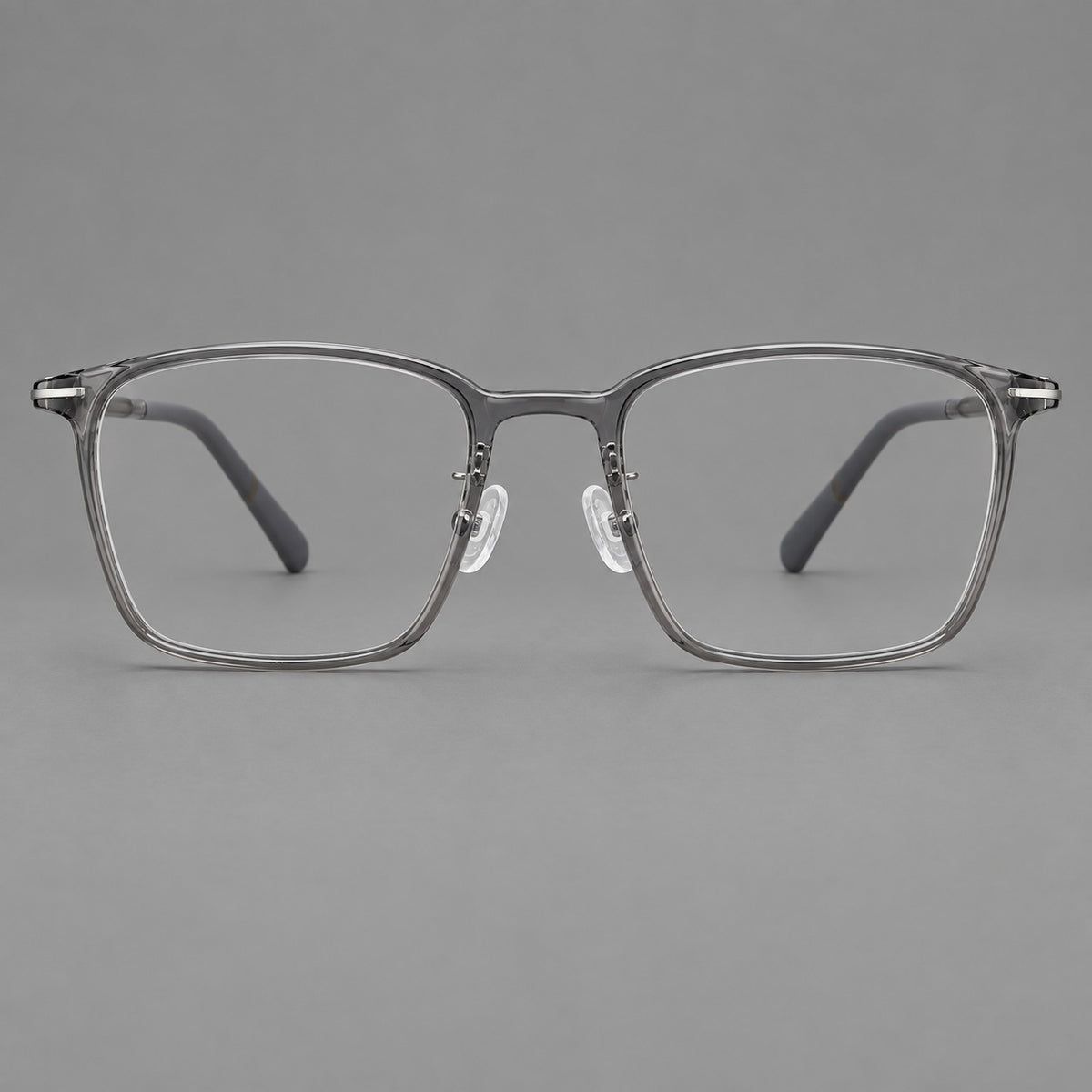 Modern square plastic eyeglasses with a smooth browline and slim metal corner details in Medium Grey, front view