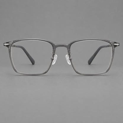 Modern square plastic eyeglasses with a smooth browline and slim metal corner details in Medium Grey, front view frame detail