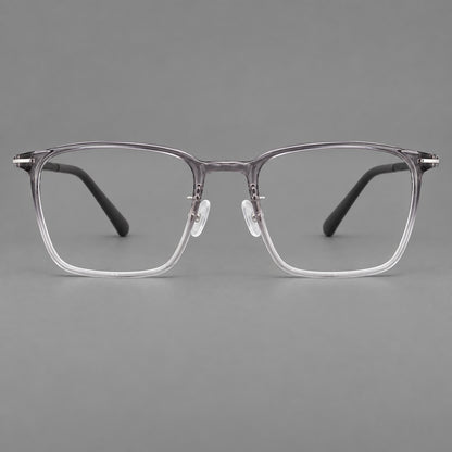 Modern square plastic eyeglasses with a smooth browline and slim metal corner details in Ink Grey Gradient, front view temple detail