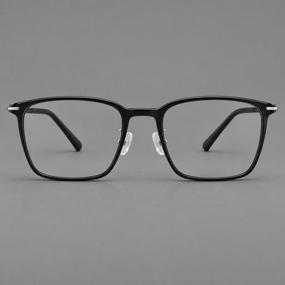 Modern square plastic eyeglasses with a smooth browline and slim metal corner details in Glossy Black, front view side view
