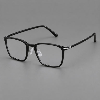 Modern square plastic eyeglasses with a smooth browline and slim metal corner details in Glossy Black, three quarter view