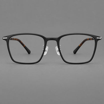Modern square plastic eyeglasses with a smooth browline and slim metal corner details in Matte Black, front view additional product view