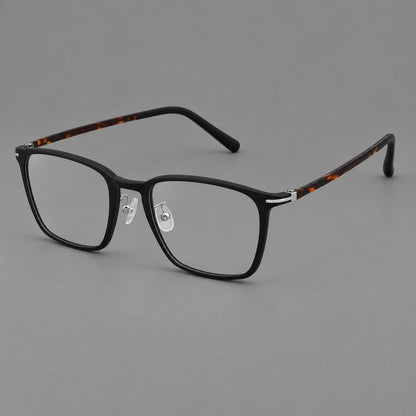 Modern square plastic eyeglasses with a smooth browline and slim metal corner details in Matte Black, three quarter view additional product view