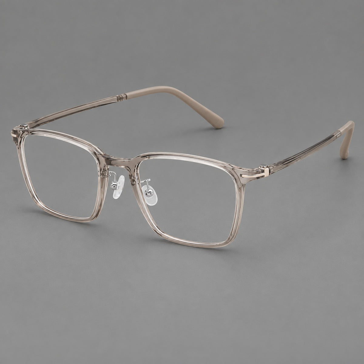 Modern square plastic eyeglasses with a smooth browline and slim metal corner details in Twilight Grey Tea, three quarter view