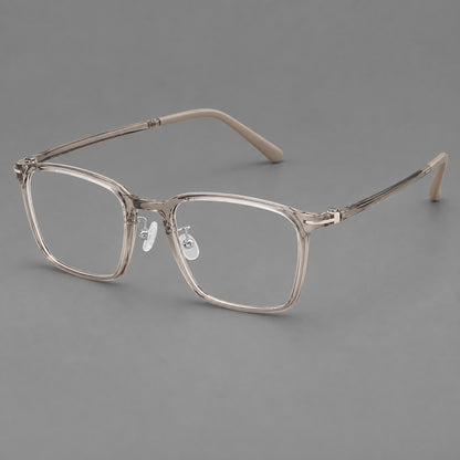 Modern square plastic eyeglasses with a smooth browline and slim metal corner details in Twilight Grey Tea, three quarter view additional product view