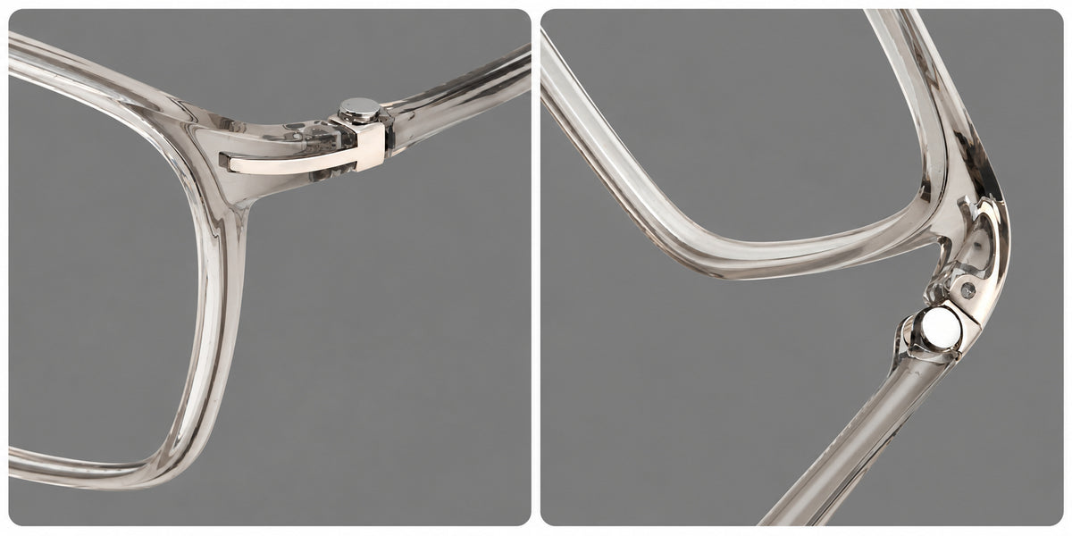 Modern square plastic eyeglasses with a smooth browline and slim metal corner details, frame details