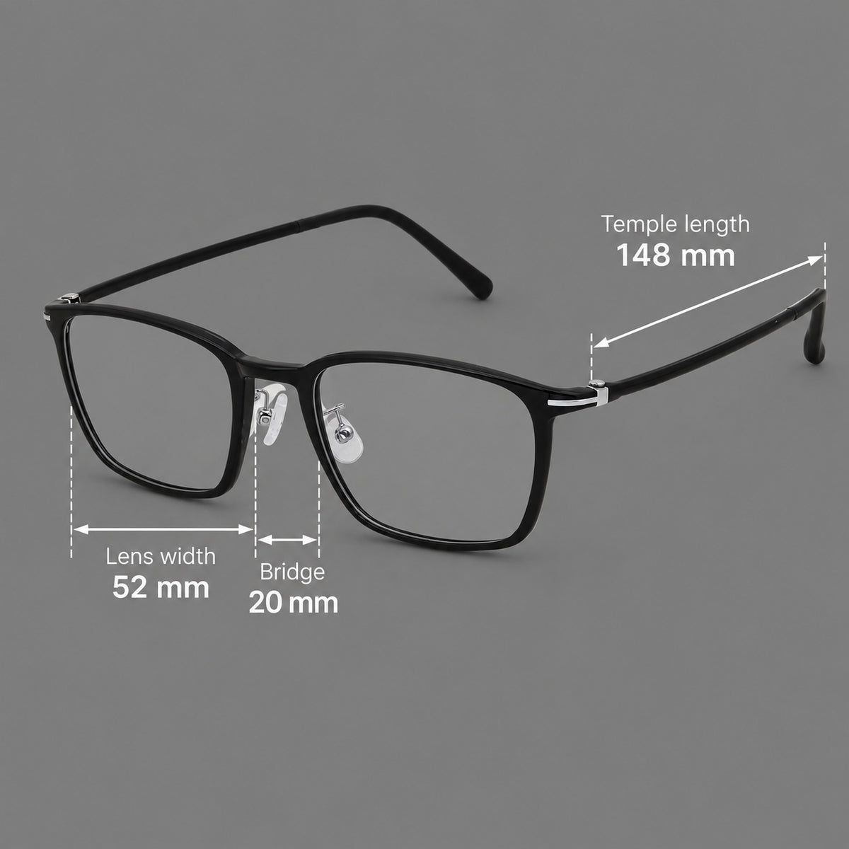 Modern square plastic eyeglasses with a smooth browline and slim metal corner details, size guide in millimetres