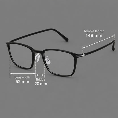 Modern square plastic eyeglasses with a smooth browline and slim metal corner details, size guide in millimetres additional product view