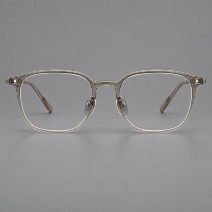 Retro square plastic eyeglasses with a curved bridge and triangular corner details in Grey Tea, front view additional product view