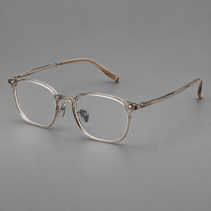 Retro square plastic eyeglasses with a curved bridge and triangular corner details in Grey Tea, three quarter view additional product view