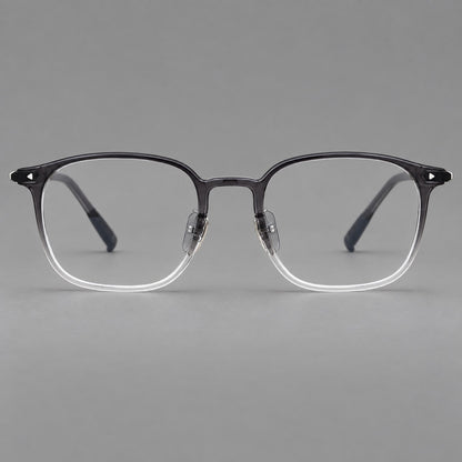 Retro square plastic eyeglasses with a curved bridge and triangular corner details in Ink Grey Gradient, front view temple detail