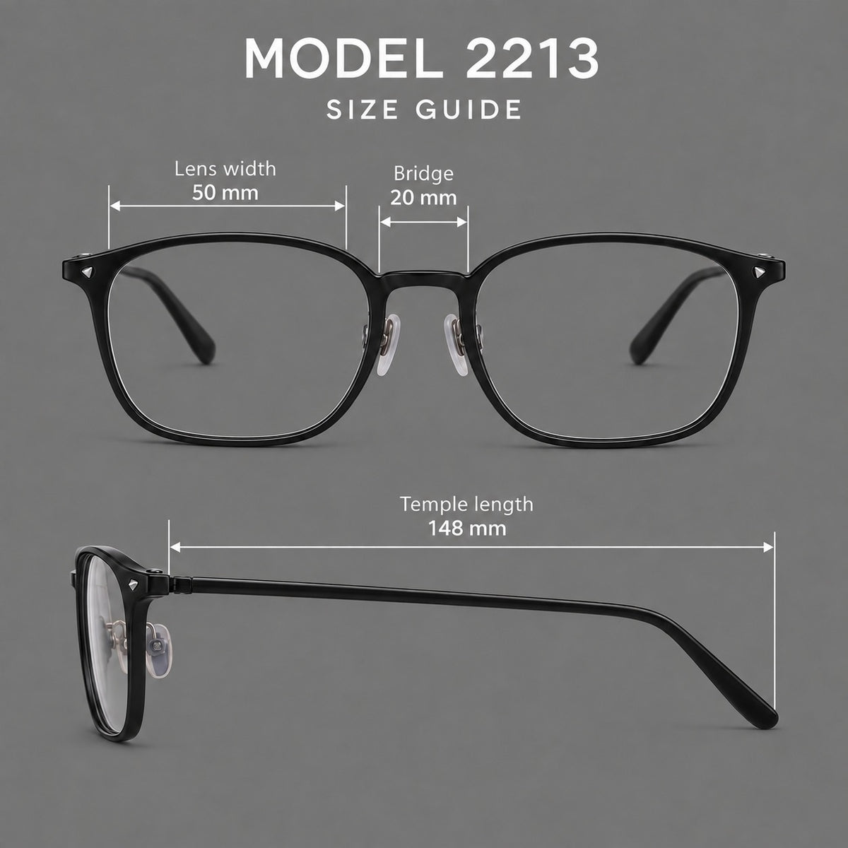 Retro square plastic eyeglasses with a curved bridge and triangular corner details, size guide in millimetres