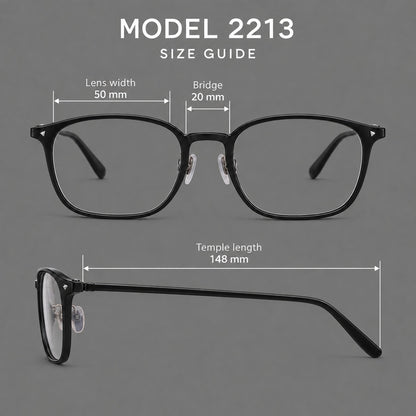 Retro square plastic eyeglasses with a curved bridge and triangular corner details, size guide in millimetres additional product view