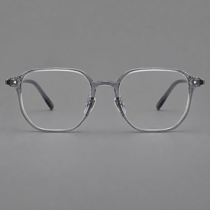 Soft square plastic eyeglasses with rounded lower rims and a broad curved bridge in Ink Grey, front view frame detail