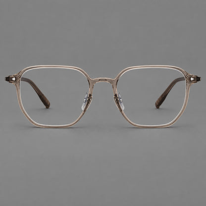 Soft square plastic eyeglasses with rounded lower rims and a broad curved bridge in Tea, front view additional product view