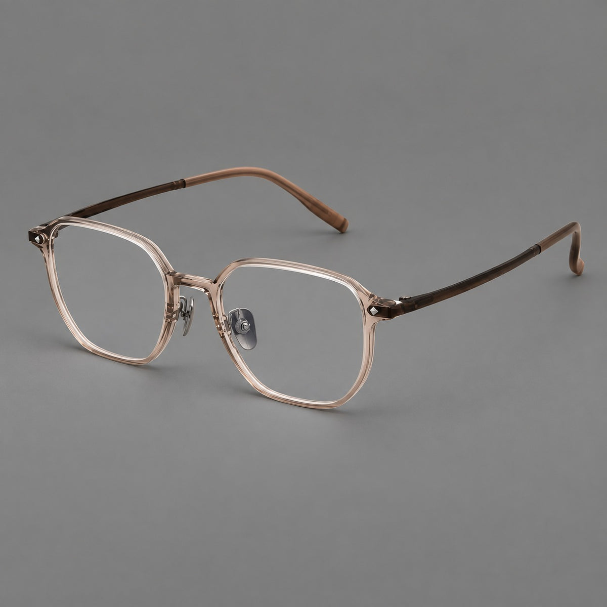 Soft square plastic eyeglasses with rounded lower rims and a broad curved bridge in Tea, three quarter view