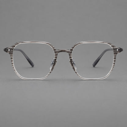 Soft square plastic eyeglasses with rounded lower rims and a broad curved bridge in Striped Grey Gradient, front view temple detail