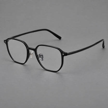 Soft square plastic eyeglasses with rounded lower rims and a broad curved bridge in Glossy Black, three quarter view