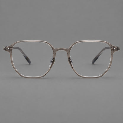 Soft square plastic eyeglasses with rounded lower rims and a broad curved bridge in Grey Brown, front view additional product view